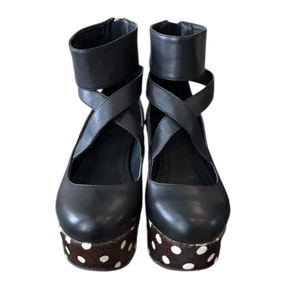 Shellys London Black Leather Polkadot Calf Hair Ankle Wrap Platform Wedges - 6