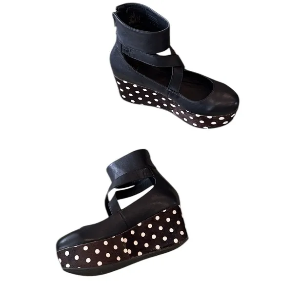 Shellys London Black Leather Polkadot Calf Hair Ankle Wrap Platform Wedges - 6