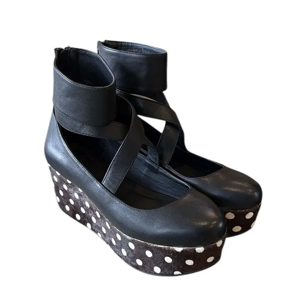 Shellys London Black Leather Polkadot Calf Hair Ankle Wrap Platform Wedges - 6
