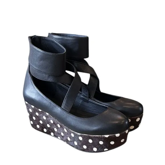 Shellys London Black Leather Polkadot Calf Hair Ankle Wrap Platform Wedges - 6