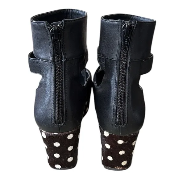 Shellys London Black Leather Polkadot Calf Hair Ankle Wrap Platform Wedges - 6