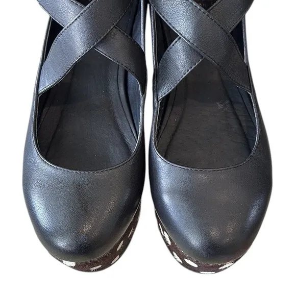 Shellys London Black Leather Polkadot Calf Hair Ankle Wrap Platform Wedges - 6