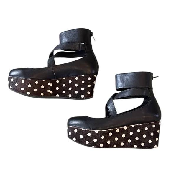 Shellys London Black Leather Polkadot Calf Hair Ankle Wrap Platform Wedges - 6
