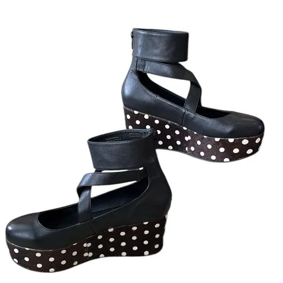 Shellys London Black Leather Polkadot Calf Hair Ankle Wrap Platform Wedges - 6