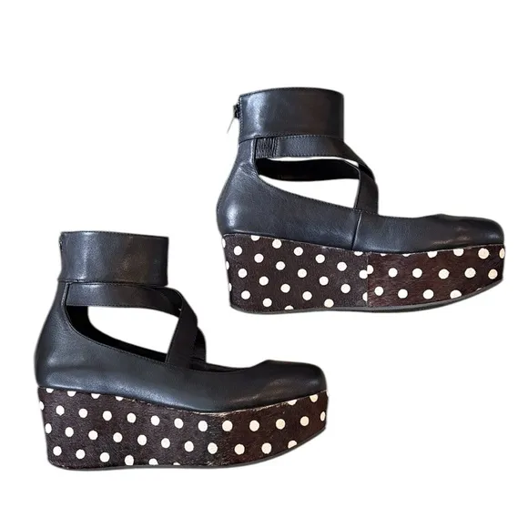 Shellys London Black Leather Polkadot Calf Hair Ankle Wrap Platform Wedges - 6