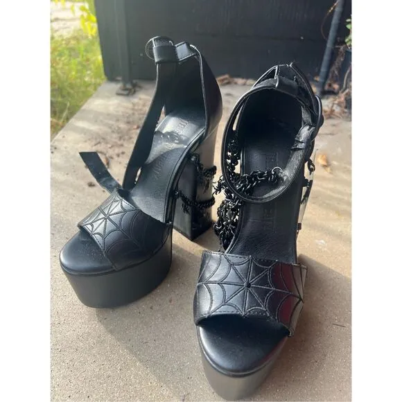 Size 5  Black Spider Halloween platform Wedges Chunky heels Dolls Kill Shoe Goth