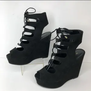 size 7.5 aldo black lace up jennelle wedges open toe 5”heels