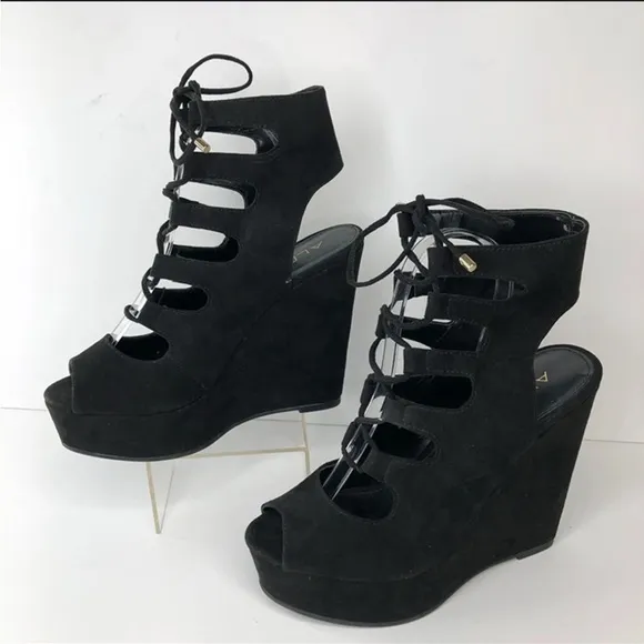 size 7.5 aldo black lace up jennelle wedges open toe 5”heels