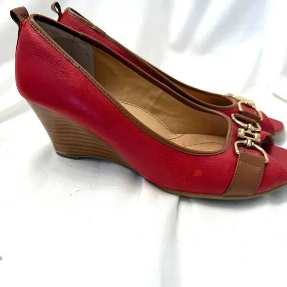 Sofft Red Leather Camira Peep Toe Wedge with Gold Buckle Detail. Womens size 9.5