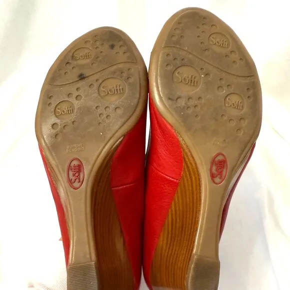 Sofft Red Leather Camira Peep Toe Wedge with Gold Buckle Detail. Womens size 9.5