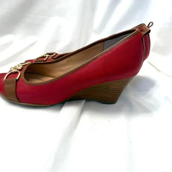 Sofft Red Leather Camira Peep Toe Wedge with Gold Buckle Detail. Womens size 9.5
