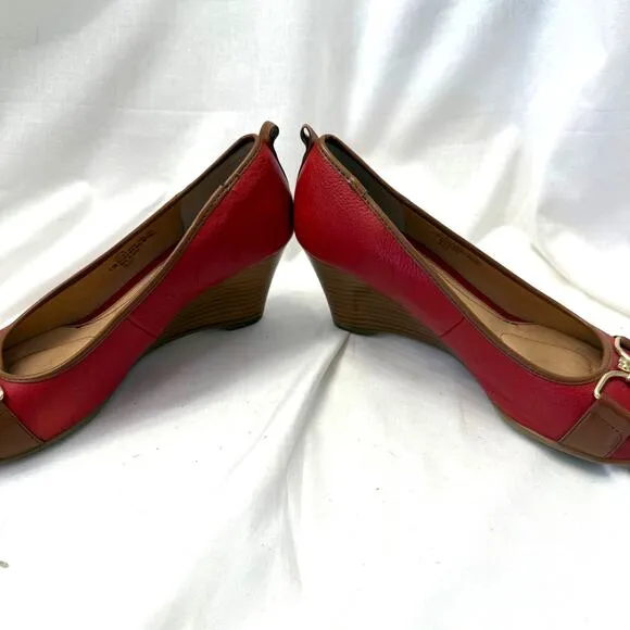 Sofft Red Leather Camira Peep Toe Wedge with Gold Buckle Detail. Womens size 9.5