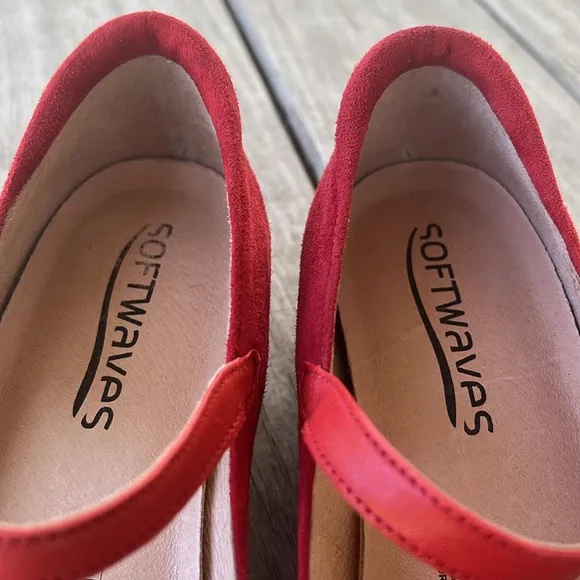 Softwaves Red Suede Mary Jane Wedges Vintage-Inspired Peep Toe Heels EU 39 (8.5)