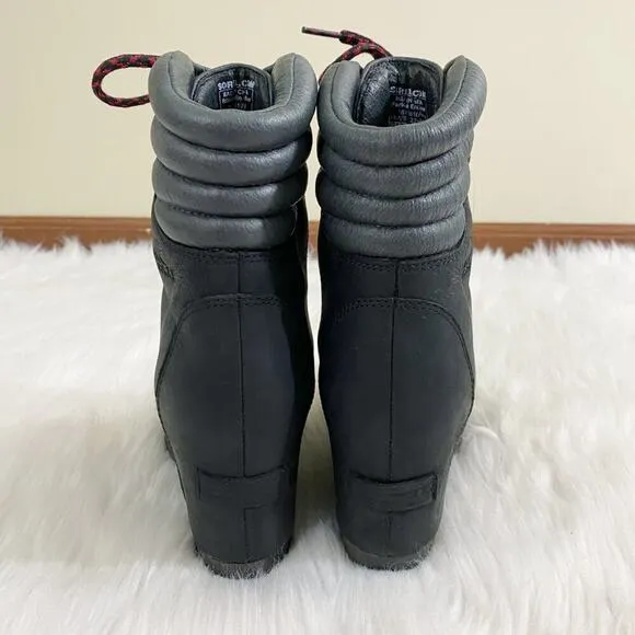 Sorel Black Oiled Leather Conquest Wedge Boots Lace Up Round Toe Women's Size 7