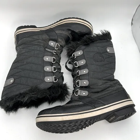 Sorel - Girls Torino ll youth waterproof Boots black leather faux fur &amp; fleece 7