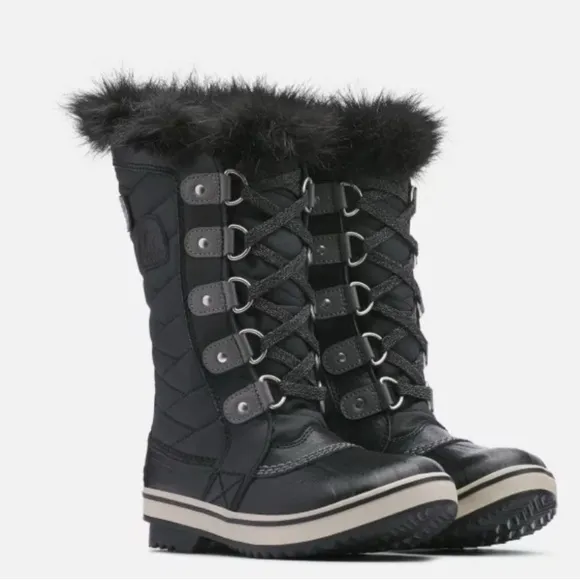 Sorel - Girls Torino ll youth waterproof Boots black leather faux fur &amp; fleece 7