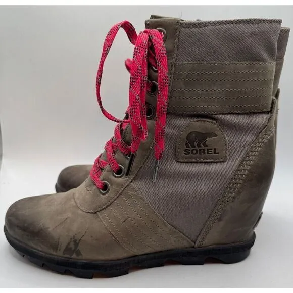 Sorel Gray Lexie Wedge Boots Women's Size 10 NL3046 EUC Grey Pink Lace