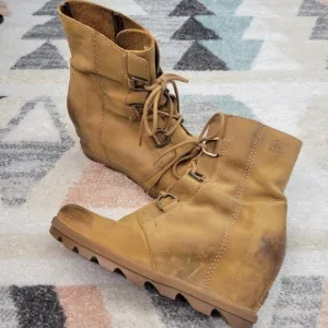 SOREL Joan of Arctic Tan Leather Wedge Bootie Size 11