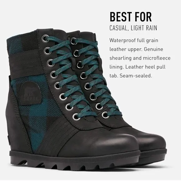 SOREL | Lexie Green Black Buffalo Plaid Wedge Leather Lace Up Boots A8