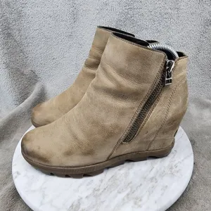 Sorel Shoes Womens Size 7 Brown Leather Side Zip Wedge Ankle Booties *GUC*