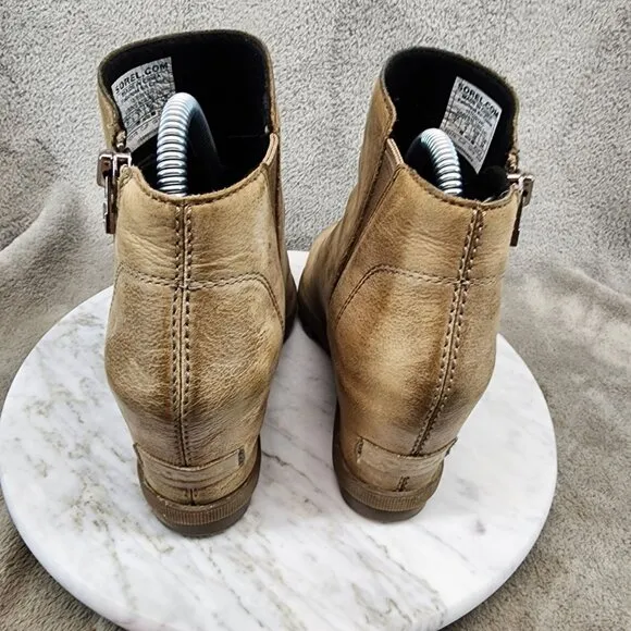Sorel Shoes Womens Size 7 Brown Leather Side Zip Wedge Ankle Booties *GUC*