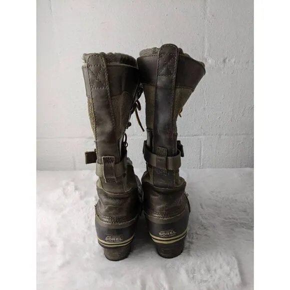 SOREL Tall Lace Up Heel Carly Conquest Women 6.5 Riding Boots Olive Green Leathe