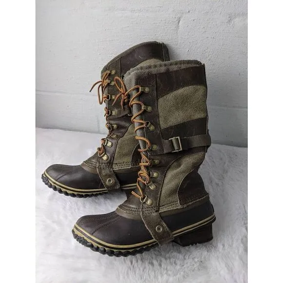 SOREL Tall Lace Up Heel Carly Conquest Women 6.5 Riding Boots Olive Green Leathe