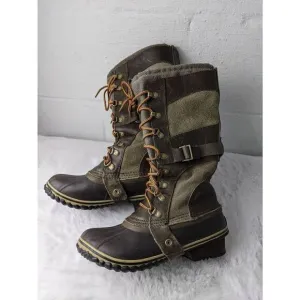 SOREL Tall Lace Up Heel Carly Conquest Women 6.5 Riding Boots Olive Green Leathe