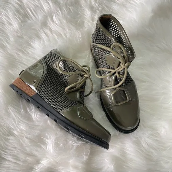 Sorel Women’s Major Lace Mesh Boot Patent Leather Hunter Green Lace-Up Flats 6.5