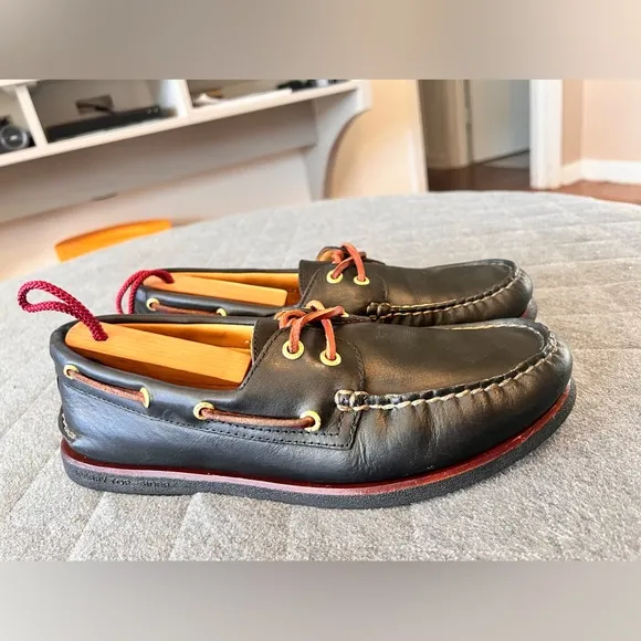 SPERRY Gold Cup 9.5 A/O 2 Eye TopSider Black Buttery Leather Boat Shoes Orig$175