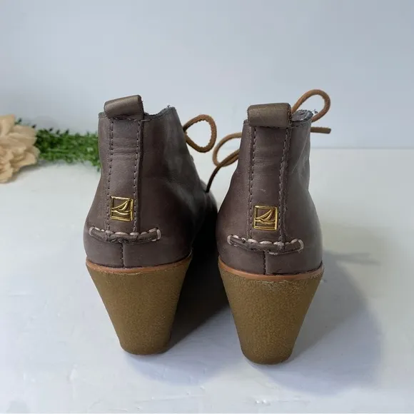 Sperry Harlow Brook Wedge Leather Lace Up Ankle Boots Gray-Brown Size 5.5M