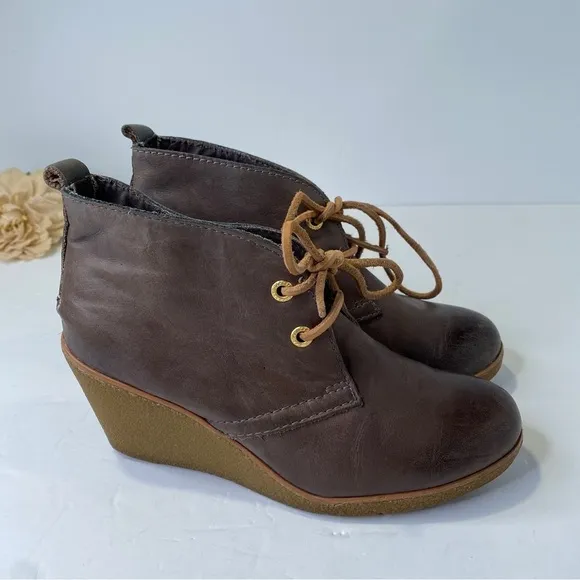 Sperry Harlow Brook Wedge Leather Lace Up Ankle Boots Gray-Brown Size 5.5M