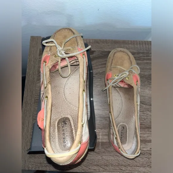 Sperry Topsider Hardback Tan Leather Pink/Plaid Preppy Boat Shoes Women's 9.5M