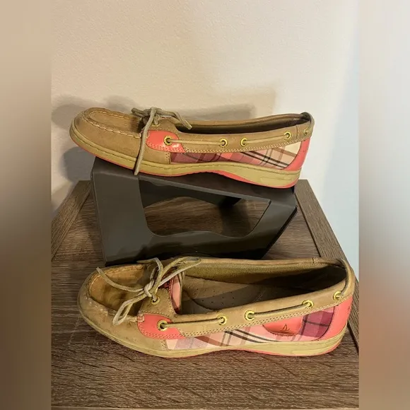 Sperry Topsider Hardback Tan Leather Pink/Plaid Preppy Boat Shoes Women's 9.5M