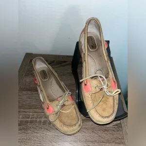 Sperry Topsider Hardback Tan Leather Pink/Plaid Preppy Boat Shoes Women's 9.5M