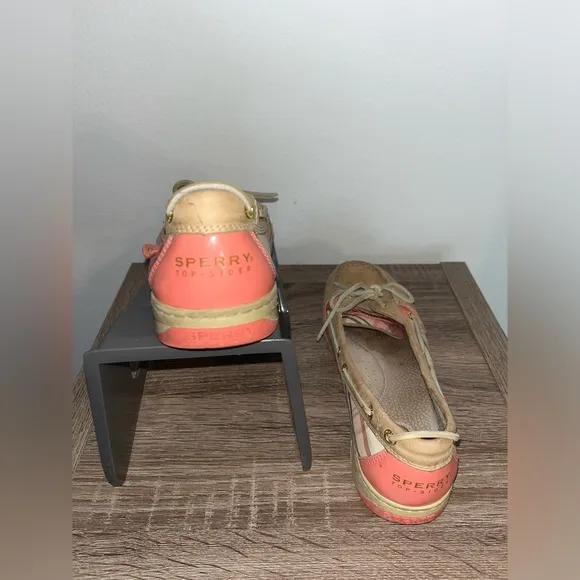 Sperry Topsider Hardback Tan Leather Pink/Plaid Preppy Boat Shoes Women's 9.5M