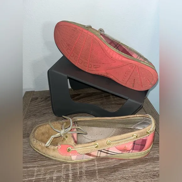 Sperry Topsider Hardback Tan Leather Pink/Plaid Preppy Boat Shoes Women's 9.5M