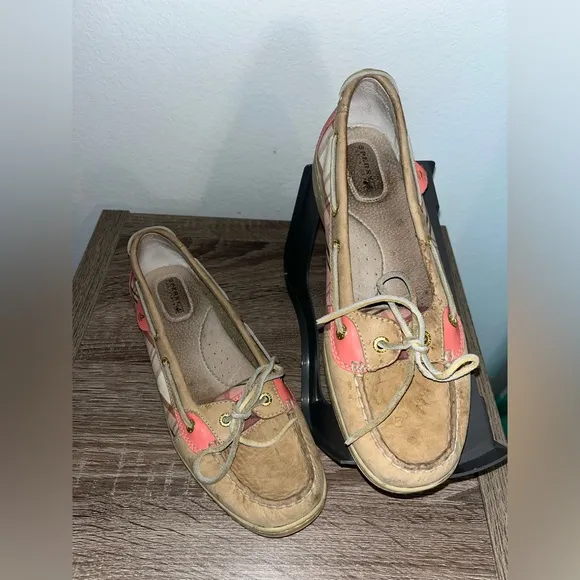 Sperry Topsider Hardback Tan Leather Pink/Plaid Preppy Boat Shoes Women's 9.5M