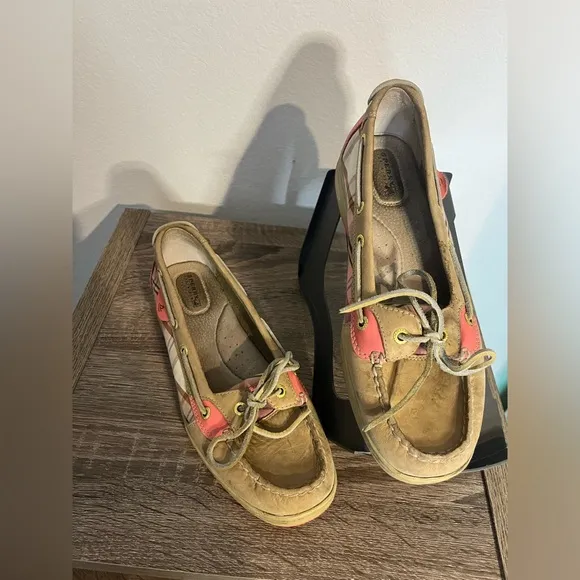 Sperry Topsider Hardback Tan Leather Pink/Plaid Preppy Boat Shoes Women's 9.5M