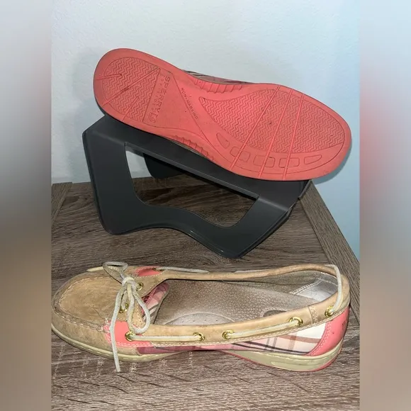 Sperry Topsider Hardback Tan Leather Pink/Plaid Preppy Boat Shoes Women's 9.5M