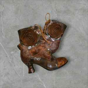 Spring Step Floral Lace-Up Ankle Boots - Brown Leather