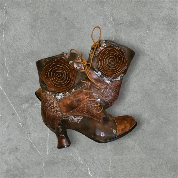 Spring Step Floral Lace-Up Ankle Boots - Brown Leather