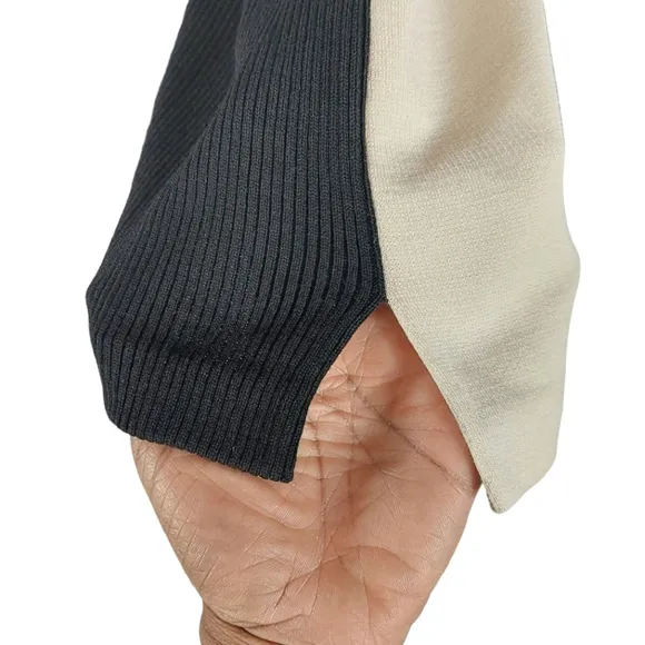 St. John Black &amp; Ivory Wool-Blend Ribbed Knit Pullover Sweater