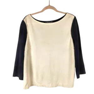 St. John Black &amp; Ivory Wool-Blend Ribbed Knit Pullover Sweater