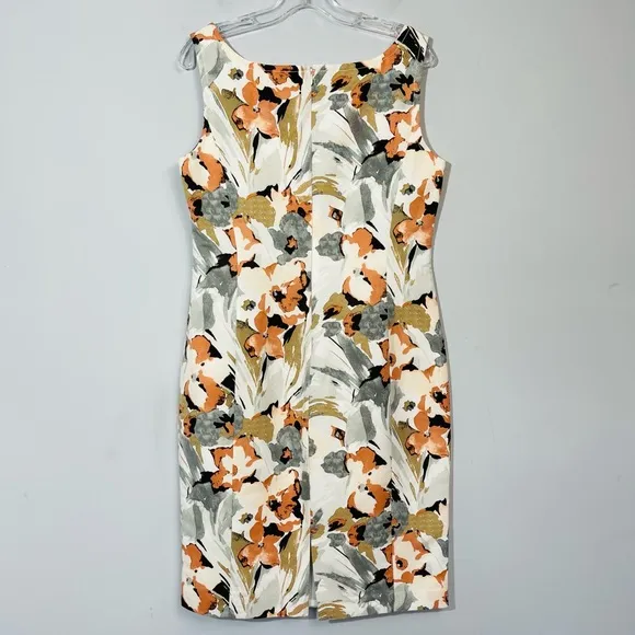 ST JOHN Collection Silk Floral Print Sheath Dress 10 Square Boat Neck Sleeveless