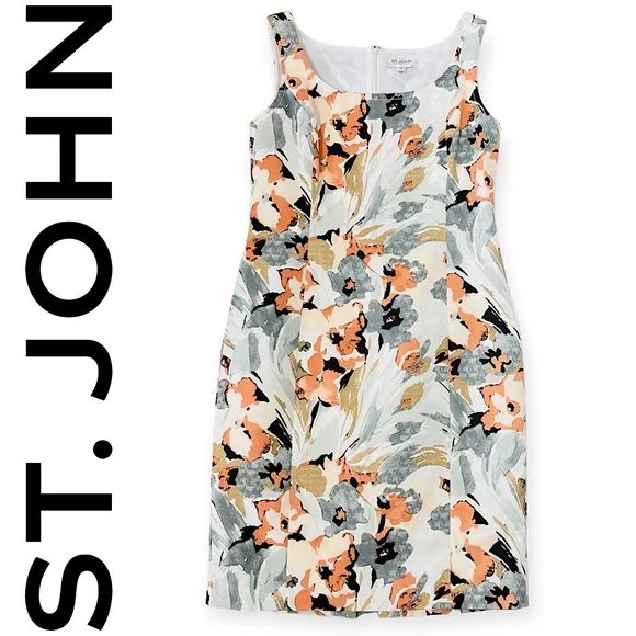 ST JOHN Collection Silk Floral Print Sheath Dress 10 Square Boat Neck Sleeveless
