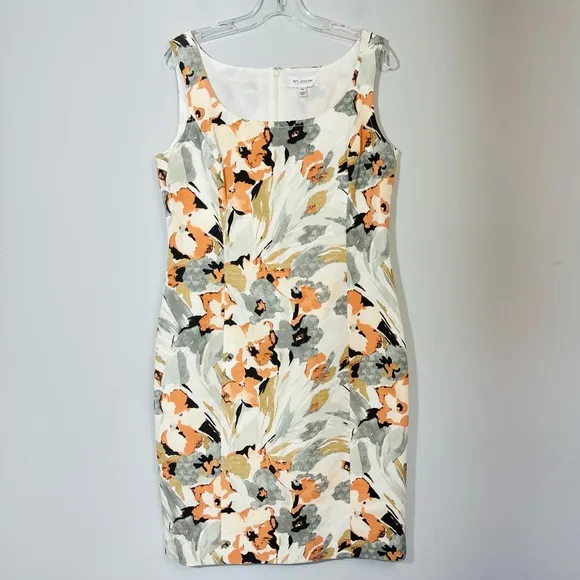 ST JOHN Collection Silk Floral Print Sheath Dress 10 Square Boat Neck Sleeveless