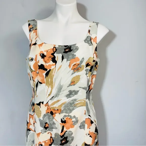 ST JOHN Collection Silk Floral Print Sheath Dress 10 Square Boat Neck Sleeveless