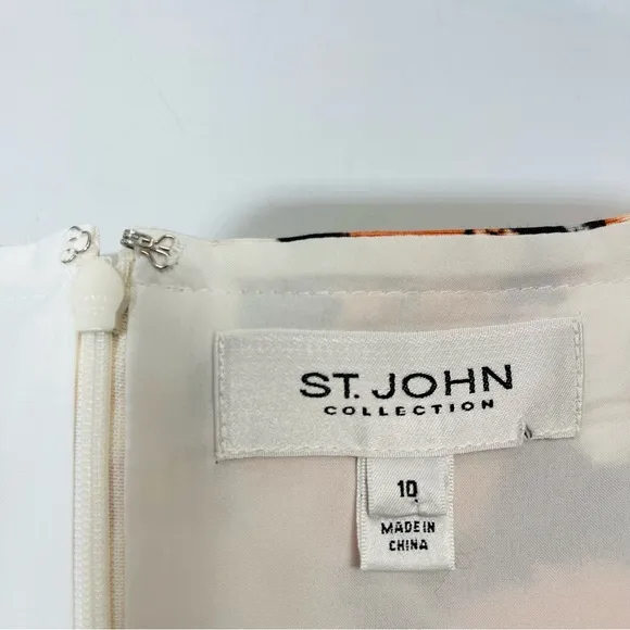 ST JOHN Collection Silk Floral Print Sheath Dress 10 Square Boat Neck Sleeveless