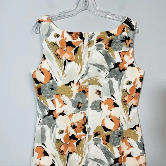 ST JOHN Collection Silk Floral Print Sheath Dress 10 Square Boat Neck Sleeveless